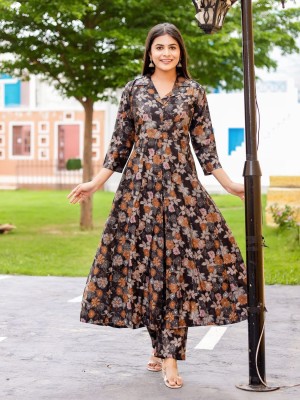 Black Floral Print Muslin Long Co ord Set Kurti Pant Pakistani Collar Front Slit Salwar Kameez Set