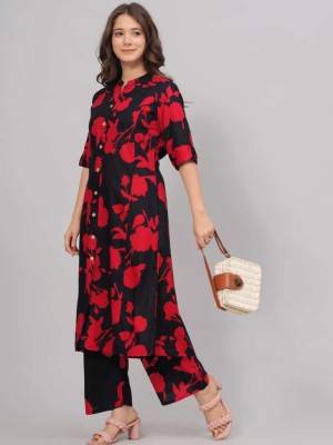 Black Red Floral Co Ord Set Kurti Pant Pakistani Readymade Front Slit Shlwar Kameez Set for Summer