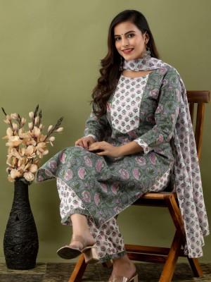 Grey White Traditional Cotton Straight Salwar Kameez Suit Kurti Pant Dupatta Set Block Print Dress (Set of 3)