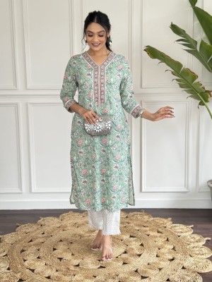 Grey Indian Straight Floral Kurti Pant Set Cotton Salwar Kameez for Women