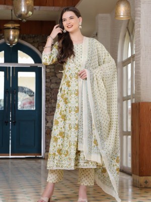 Cream Color Women Flared Anarkali Frock Style Kurti Pant Dupatta Set Dress Floral Printed Gown