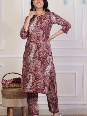 Maroon Paisley Floral Print Straight Kurti Pant Co Ord Set Embroidered Salwar Kameez for Women