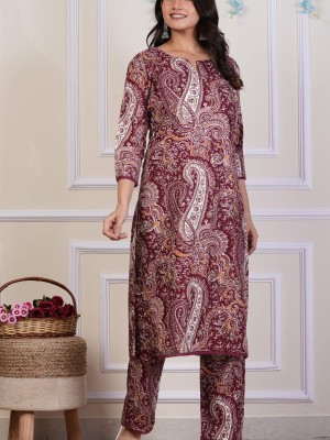 Maroon Paisley Floral Print Straight Kurti Pant Co Ord Set Embroidered Salwar Kameez for Women