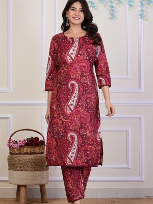 Red Paisley Floral Print Straight Kurti Pant Co Ord Set Embroidered Salwar Kameez for Women