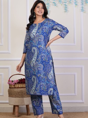 Blue Paisley Floral Print Straight Kurti Pant Co Ord Set Embroidered Salwar Kameez for Women