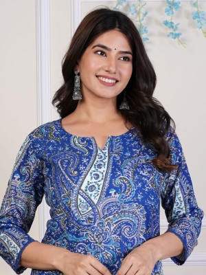 Blue Paisley Floral Print Straight Kurti Pant Co Ord Set Embroidered Salwar Kameez for Women