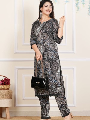 Black Paisley Floral Print Straight Kurti Pant Co Ord Set Embroidered Salwar Kameez for Women