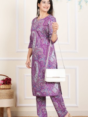 Purple Paisley Floral Print Straight Kurti Pant Co Ord Set Embroidered Salwar Kameez for Women