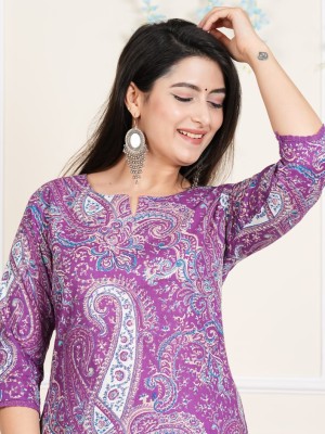 Purple Paisley Floral Print Straight Kurti Pant Co Ord Set Embroidered Salwar Kameez for Women