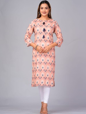 Plus Size Peach Ajrakh Print Straight Kurti Casual Tunic Top for Women