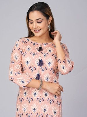 Plus Size Peach Ajrakh Print Straight Kurti Casual Tunic Top for Women