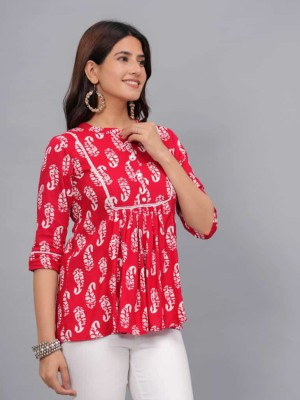 Red Designer Block Print Short Kurti Tunic Top for Women Paisley Print