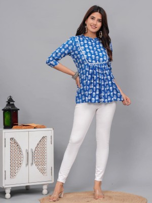 Blue Designer Block Print Short Kurti Tunic Top for Women Paisley Print