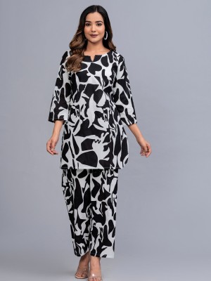 Black Abstract Printed Cotton Kurti pant Co Ord Set