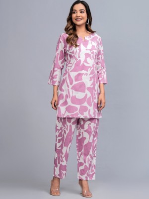 Peach Abstract Printed Cotton Kurti pant Co Ord Set