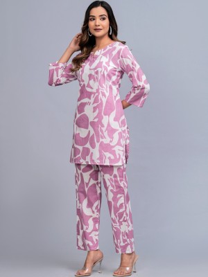 Peach Abstract Printed Cotton Kurti pant Co Ord Set