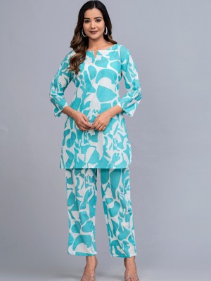 Sky Blue Abstract Printed Cotton Kurti pant Co Ord Set