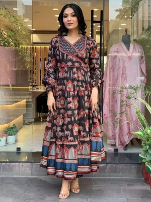 Black Women Flared Angrakha Frock Style Anarkali Kurta Kurti Pant Dupatta Set Dress Cow Printed Gown