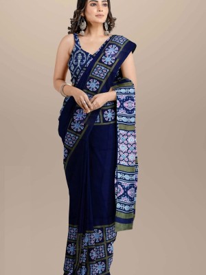 Pretty Dark Blue Mulmul Cotton Saree Hand Block Printed with Blouse Piece for Women