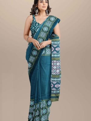 Turquise Grey Mulmul Cotton Saree Hand Block Printed with Blouse Piece for Women