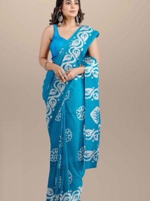 Shivangi Sky Blue Printed Mulmul Cotton Saree Hand Block Printed with Blouse Piece for Women