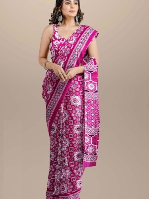 Pink Printed Mulmul Cotton Saree Hand Block Ikat Printed with Blouse Piece for Women