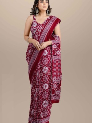 Red Printed Mulmul Cotton Saree Hand Block Ikat Printed with Blouse Piece for Women