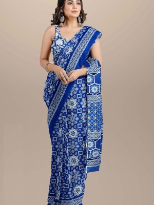 Blue Printed Mulmul Cotton Saree Hand Block Ikat Printed with Blouse Piece for Women