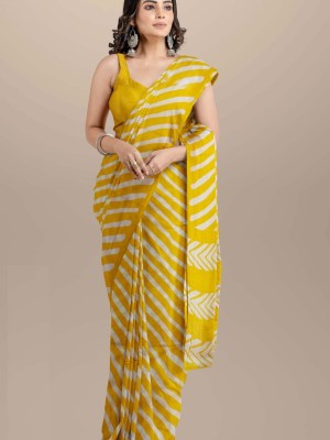 Shweta Yellow Stripped Lehariya Printed Mulmul Cotton Saree Hand Block Printed with Blouse Piece for Women