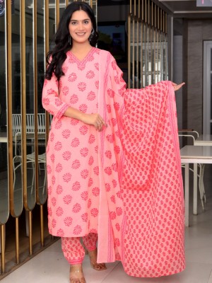 Pink Floral Indian Traditional Straight Salwar Kameez Kurti Pant Set for Women Embroidery Hand Work