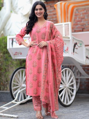 Pink Floral Indian Traditional Straight Salwar Kameez Kurti Pant Set for Women Embroidery Hand Work