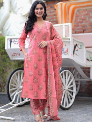 Pink Floral Indian Traditional Straight Salwar Kameez Kurti Pant Set for Women Embroidery Hand Work