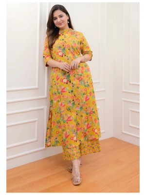 Mustard Floral Print Cotton Aline Salwar Kameez Suit Dress Kurti Pant Set