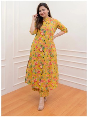 Mustard Floral Print Cotton Aline Salwar Kameez Suit Dress Kurti Pant Set