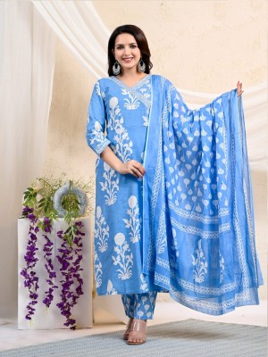 Blue Women Angrakha Style Side Slit Kurta Kurti Pant Dupatta Set Salwar Kameez Dress