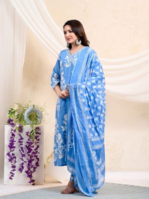 Blue Women Angrakha Style Side Slit Kurta Kurti Pant Dupatta Set Salwar Kameez Dress