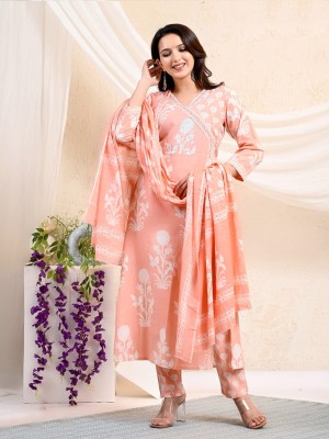 Peach Women Angrakha Style Side Slit Kurta Kurti Pant Dupatta Set Salwar Kameez Dress