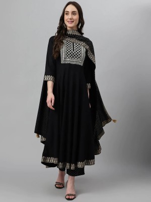 Black Plus Size Flared Frock Style Anarkali Kurti Pant Dupatta Set Dress Cow Printed Gown