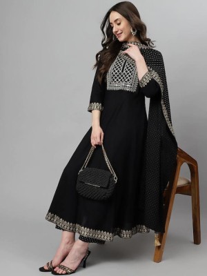 Black Plus Size Flared Frock Style Anarkali Kurti Pant Dupatta Set Dress Cow Printed Gown