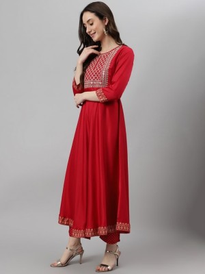 Red Plus Size Flared Frock Style Anarkali Kurti Pant Dupatta Set Dress Cow Printed Gown