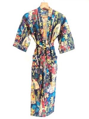 Navy Blue Frida Kahlo Pure Cotton Kimono Indian Handprinted Boho Robe Summer Dress Beach Coverup