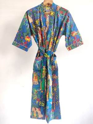 Blue Frida Kahlo Pure Cotton Kimono Indian Handprinted Boho Robe Summer Dress Beach Coverup