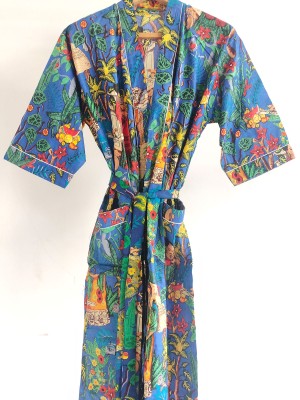 Blue Frida Kahlo Pure Cotton Kimono Indian Handprinted Boho Robe Summer Dress Beach Coverup