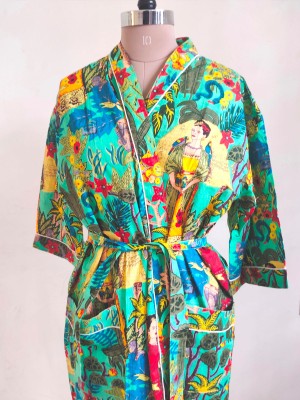 Green Frida Kahlo Pure Cotton Kimono Indian Handprinted Boho Robe Summer Dress Beach Coverup