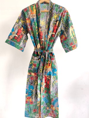 Grey Frida Kahlo Pure Cotton Kimono Indian Handprinted Boho Robe Summer Dress Beach Coverup