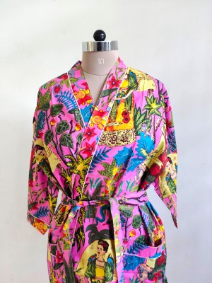 Pink Frida Kahlo Pure Cotton Kimono Indian Handprinted Boho Robe Summer Dress Beach Coverup