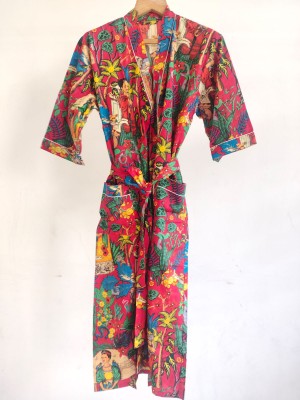 Red Frida Kahlo Pure Cotton Kimono Indian Handprinted Boho Robe Summer Dress Beach Coverup