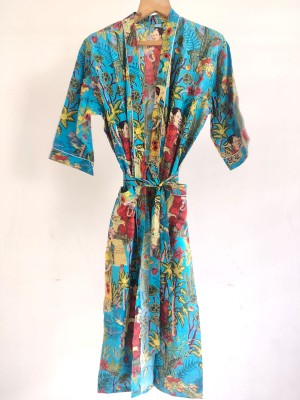 Turquoise Frida Kahlo Pure Cotton Kimono Indian Handprinted Boho Robe Summer Dress Beach Coverup