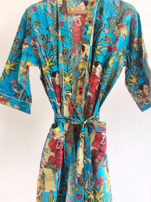 Turquoise Frida Kahlo Pure Cotton Kimono Indian Handprinted Boho Robe Summer Dress Beach Coverup