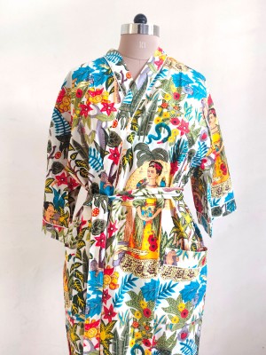 White Frida Kahlo Pure Cotton Kimono Indian Handprinted Boho Robe Summer Dress Beach Coverup